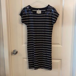 Blue dress white stripes with accents on shoulder